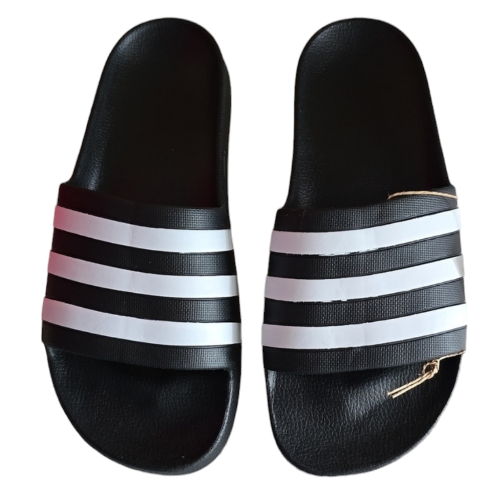 ADIDAS BRAND SIGNATURE WOMEN'S BLACK AND WHITE STRIPED SLIDES SIZE 8